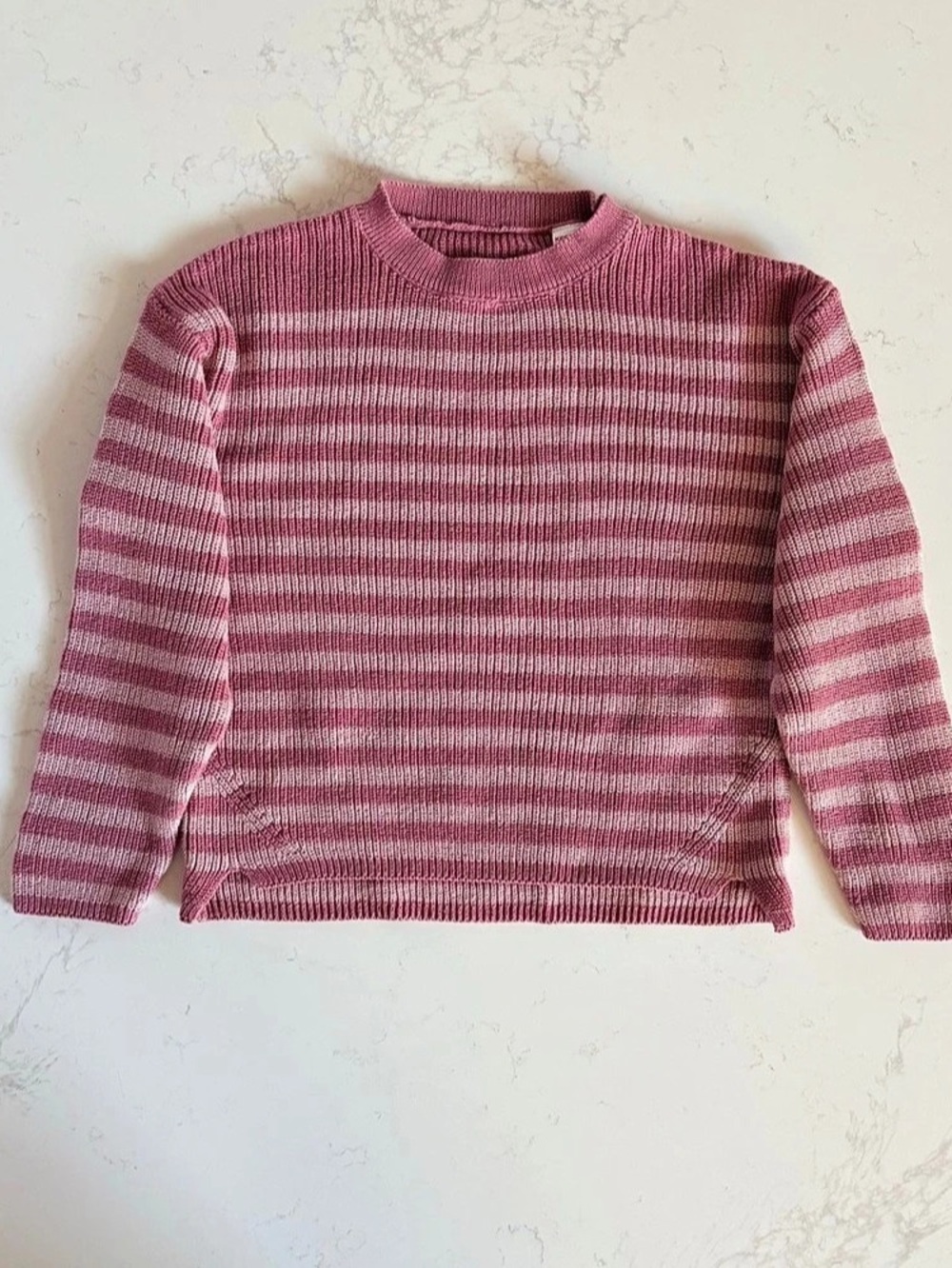 Mango MNG Girls Pink Purple Striped Knit Crew Neck Sleeve Sweater Sz 5 6 Cotton